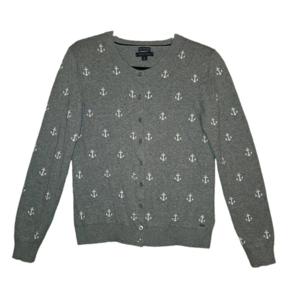 Tommy Hilfiger Anchor Cardigan Sweater Medium Nautical 100% Pima Cotton Coastal